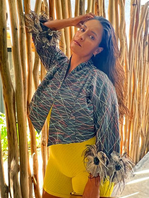 Cropped Black Feather Kimono